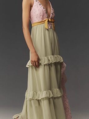 Maeve embellished deep v tiered ruffle dress, Pink & Sage size L with Gold band